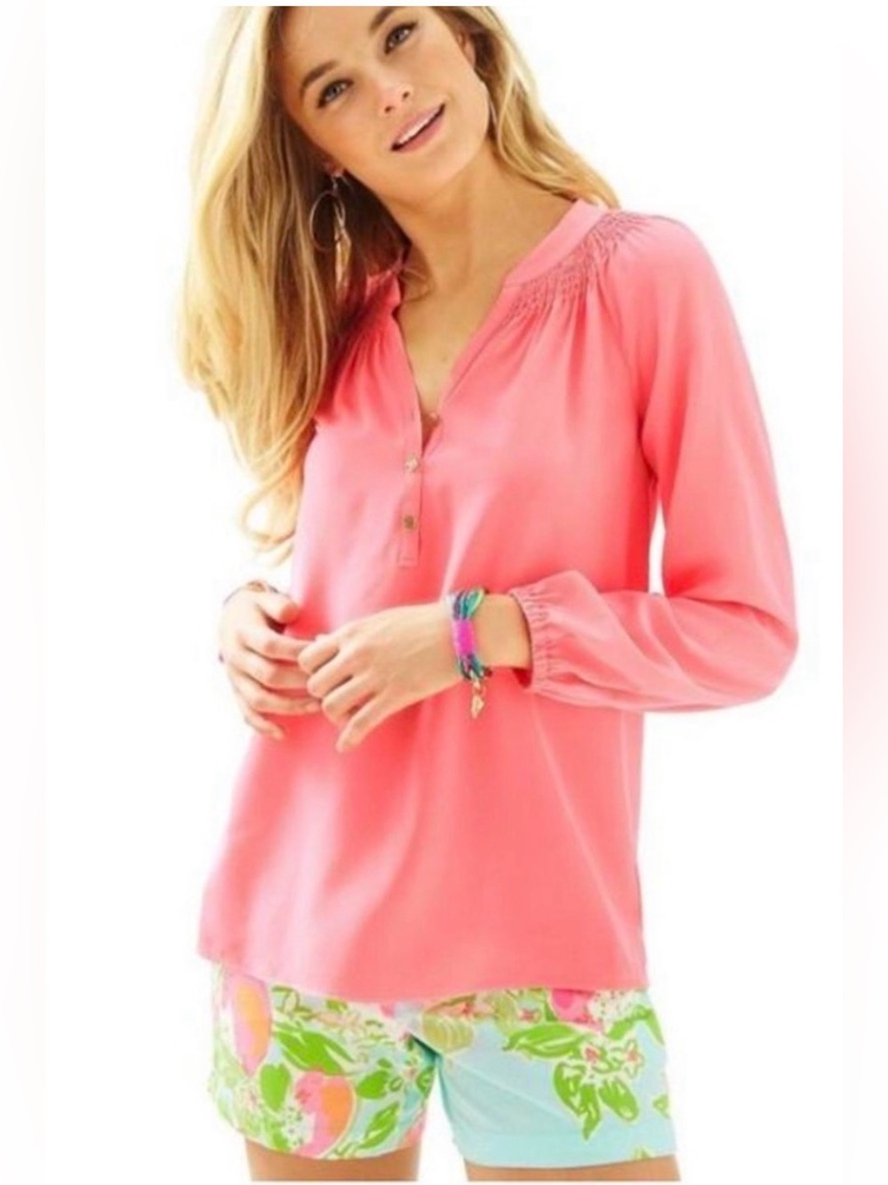Lilly Pulitzer Elsa Silk Top Sz XS Hot Coral Pink V-Neck Blouse Buttons NWT $138
